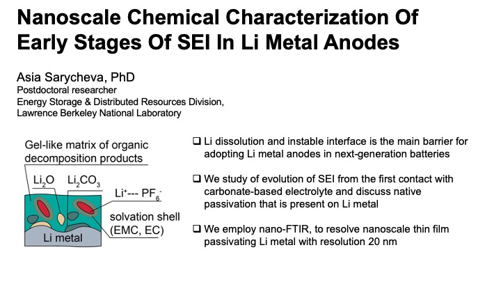 This is a slide showing Asia Sarycheva's talk information about nanoscale chemicals characterization. There is a small graph showing a gel-like matrix over lithium metal showing the elemental particles therein.